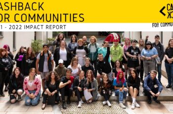 Photo of a group of young people smiling with text at the top which says: CashBack for Communities 2021/2022 Impact Report