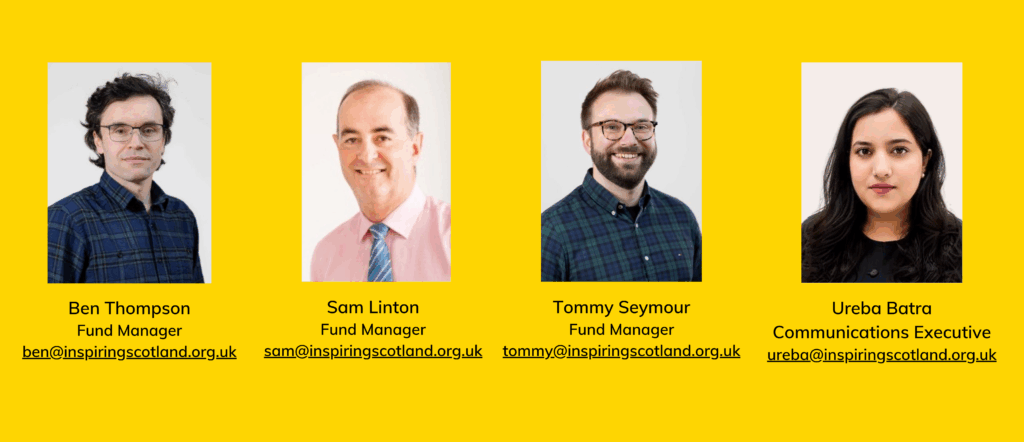 Four portraits - Ben Thompson ben@inspiringscotland.org.uk, Sam Linton sam@inspiringscotland.org.uk, Tommy Seymour tommy@inspiringscotland.org.uk, Ureba Batra ureba@inspiringscotland.org.uk